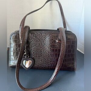 Brighton dark brown pebbled leather / crocodile shoulder purse with 2 charms